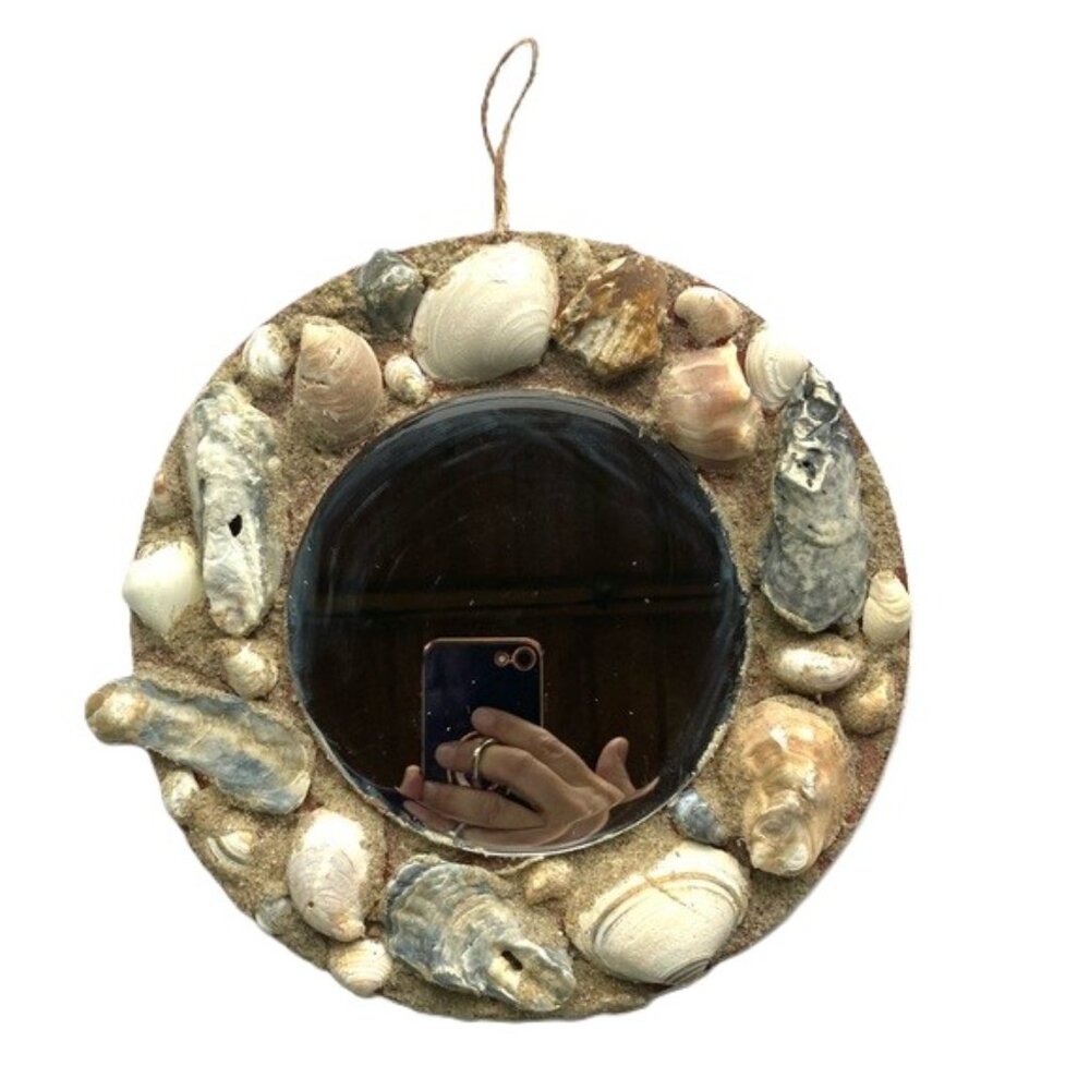 Seashell Mirror Wall Decor with REAL Seashells and Sand 9 in Diameter